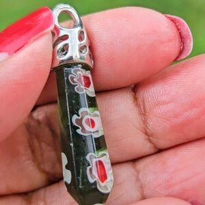Artisan Green Inlaid Millefiori Glass Hexagon Point Pendant Reiki Amulet